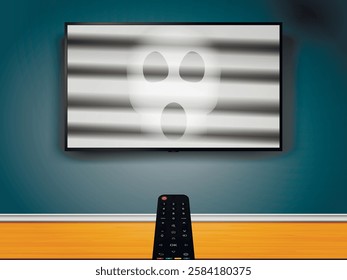 Horror scary movie concept. Watching TV with horror movie. Remote control is pointed at the TV on the wall with ghost face on screen.