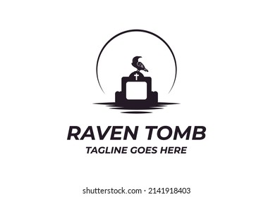 Horror Scary Sunset or Dark Moon Crow Raven Bird with Tomb Cemetery Grave Charnel Ossuary for Halloween Logo Design Vector