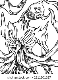 Horror scene coloring image perfect for Halloween