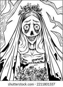 Horror scene coloring image perfect for Halloween