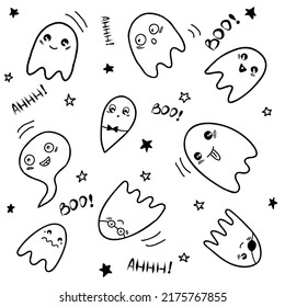 Horror set with ghost monochrome ghost. The ghost shadow is funny. ghost leaf for halloween character design. Isolated vector illustration.