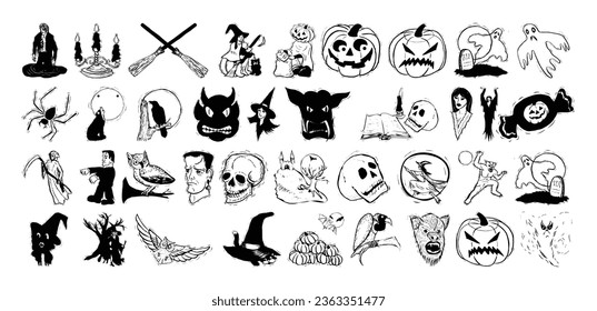 Horror set of Halloween doodle hand drawn sticker sketch.