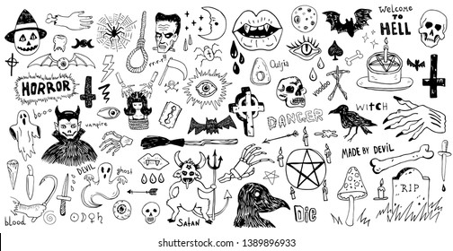 Horror Set Of Halloween Doodle Sticker Sketch Set