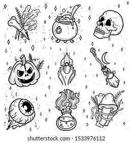 Horror set of Halloween doodle sticker sketch set