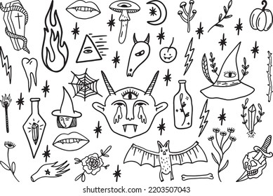 Horror set of Halloween doodle sticker sketch set withe white background
