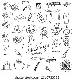 Horror set of Halloween doodle sticker sketch set isolated on white background 