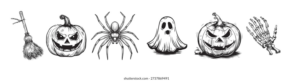horror set of halloween doodle sticker sketch set hand 