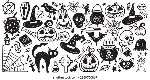 Horror set of Halloween sticker sketch set. Big set of hand drawn doodle. Collection halloween and magic elements. Pumpkins, ghost, skull, black cat, pot, hat.