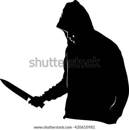 Horror Silhouette of Man with Knife Stabbing Victim, A dangerous hooded man standing on white background