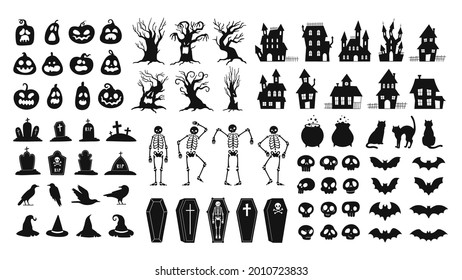 Horror silhouettes. Scary halloween decor skulls and skeletons, witch hats, black cats, crows and graveyard coffins. Spooky house vector set. Illustration horror pumpkin and celebration elements