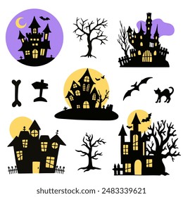 Horror silhouettes. Scary Halloween decor: skulls and skeletons, witches hats, black cats, crows. Set of vector scary creepy houses