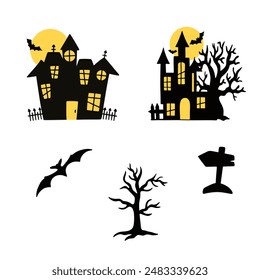 Horror silhouettes. Scary Halloween decor: skulls and skeletons, witches hats, black cats, crows. Set of vector scary creepy houses