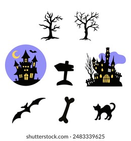 Horror silhouettes. Scary Halloween decor: skulls and skeletons, witches hats, black cats, crows. Set of vector scary creepy houses