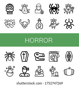 horror simple icons set. Contains such icons as Skull, Dead, Ghost, Pirate, Poison, Spider, Devil, Tarantula, Coffin, Spell book, Widow, Mummy, can be used for web, mobile and logo