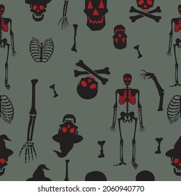 Esbozo De Horror Y Vector De Piezas Del Cuerpo Patrón Sin Maravilla, Patrón Sin Margen De Esqueleto, Patrón De Halloween Seamless