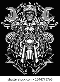 horror skull biker black white with sacred modern geometry background