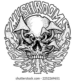Horror skull Mushroom hand draw vector coloring page 