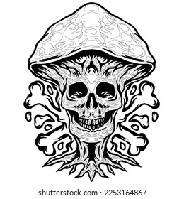 Horror skull mushroom hand draw vector coloring page 