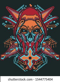 horror skull ninja red blue orange with sacred modern geometry background