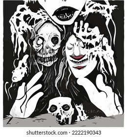 Horror Skull  Skeletion Ghost Horrible Scary Illustration Vector Cartoon Drawing
