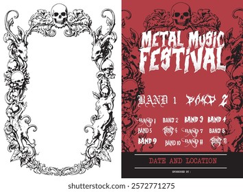 horror skull skeleton satanism frame , festival music poster , death metal poster font, metal band show poster , rock music festival poster