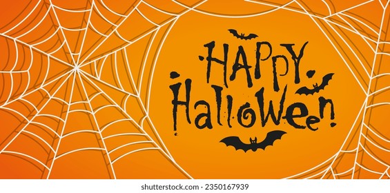 Horror style font with flying vampire bats and Happy Halloween text message. Vector Spider web isolated on orange background