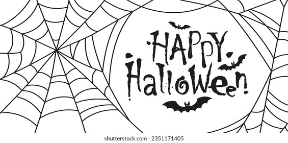 Horror style font with flying vampire bats and Happy Halloween text message. Vector Spider web isolated on whie background