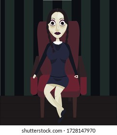 horror style girl sitting on an armchair