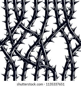 Horror style horrible seamless pattern, vector background. Blackthorn branches with thorns stylish endless illustration. Hard Rock and Heavy metal subculture music textile fashion stylish design.