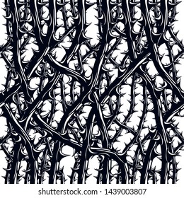 Horror style horrible seamless pattern, vector background. Blackthorn branches with thorns stylish endless illustration. Hard Rock and Heavy metal subculture music textile fashion stylish design.