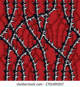 Horror style horrible seamless pattern, vector background. Blackthorn branches with thorns stylish endless illustration. Hard Rock and Heavy metal subculture music textile fashion stylish design.