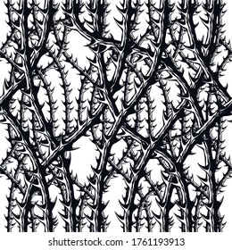 Horror style horrible seamless pattern, vector background. Blackthorn branches with thorns stylish endless illustration. Hard Rock and Heavy metal subculture music textile fashion stylish design.