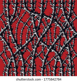 Horror style horrible seamless pattern, vector background. Blackthorn branches with thorns stylish endless illustration. Usable for fabric, wallpaper, wrapping, web and print.