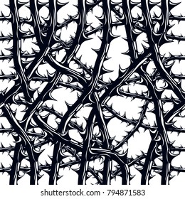 Horror style horrible seamless pattern, vector background. Blackthorn branches with thorns stylish endless illustration. Hard Rock and Heavy Metal subculture music textile fashion stylish design.