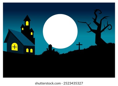 
imagem vetorial tema horror, fundo noite lua cheia com uma casa vazia completa com túmulos e árvores. Adequado para fundos, decorações de parede, coberturas, banners.