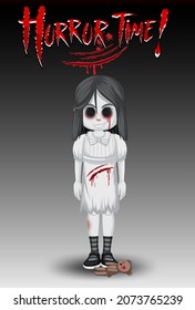 Horror Time logo with little ghost girl with black eyes illustration