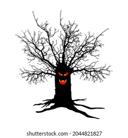 Horror tree Halloween. The silhouette, dead tree resurrected. Devilish face ruddy red eyes, branch spread haunting thriller protagonist or background, for Halloween decoration elements banners. Vector