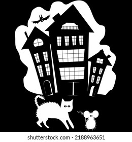 Horror vector illustration for Halloween on a black background. Houses, bat, gost of cat and mouse on a card