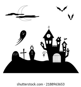 Ilustración del vector de horror para Halloween en un fondo blanco. castillo, luna, murciélago, cabra y cementerio en una tarjeta