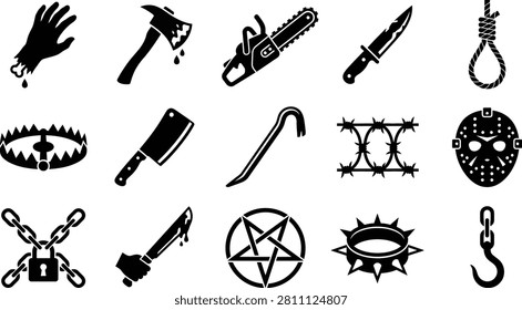 Horror weapons, tools, traps, and scary symbols collection.