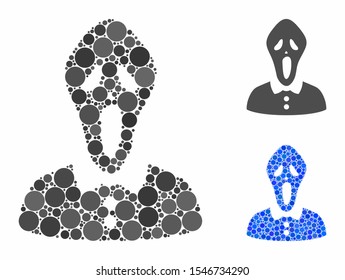 Horror woman mosaic of round dots in various sizes and color tinges, based on horror woman icon. Vector round dots are united into blue collage. Dotted horror woman icon in usual and blue versions.