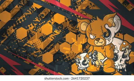 Horror zombie teddy bear vector design with skull and mushroom. Modern grunge style black orange hexagon background.
