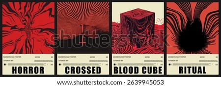 Horror-themed vector posters in a bold Psychedelic Op Art style, using hypnotic optical illusions and high-contrast color, reflect the trend for striking, modern abstract graphics.