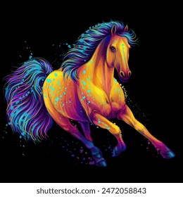 Horse. Abstract, neon image of a running horse in watercolor style on a black background. Digital vector graphics.