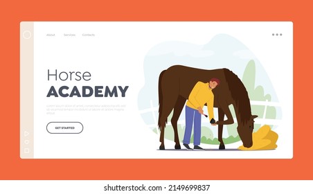 Horse Academy Landing Page Template. Stableman Male Characters Care of Purebred Horse Cleaning Hooves with Brush Prepare Stallion for Equestrian Sports Contest. Cartoon Vector Illustration