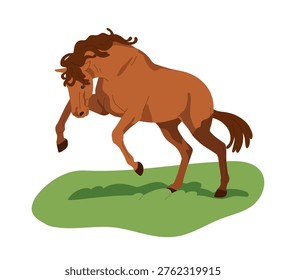 Horse in active dynamic action pose, movement. Equine animal emotion. Thoroughbred stallion standing up, rearing and bucking, wild motion. Flat vector illustration isolated on white background