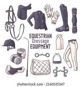 Horse ammunition for dressage and rider clothing. Collection equestrian equipment for backgrounds, textile, postcards, t-shirt prints. Set elements for horses. Vector hand drawn style illustration.