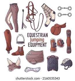 Horse ammunition for jumping and rider clothing. Collection equestrian equipment for backgrounds, textile, postcards, t-shirt prints. Set elements for horses. Vector hand drawn style illustration.