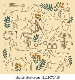 Horse ammunition line vector illustration collection, equestrian equipment art set 