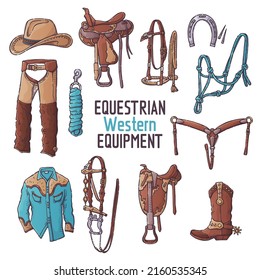 Horse ammunition for western and rider clothing. Collection equestrian equipment for backgrounds, textile, postcards, t-shirt prints. Set elements for horses. Vector hand drawn style illustration.